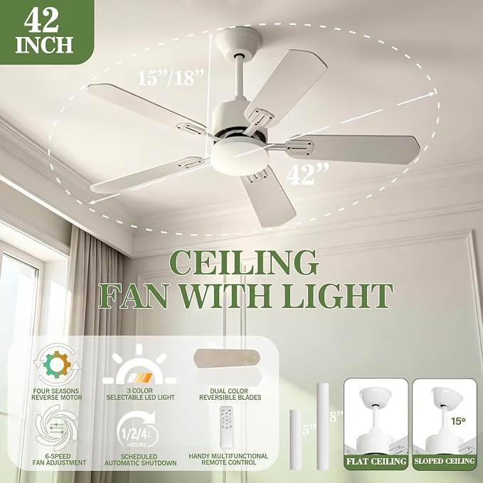 Ceiling Fans with Lights, 42 Inch Low Profile Ceiling Fan and Remote Control, Dual-Sided Blades, 6 Speed Fan, Dimmable Light Flush Mount Ceiling Fan for Bedroom Living Room, White