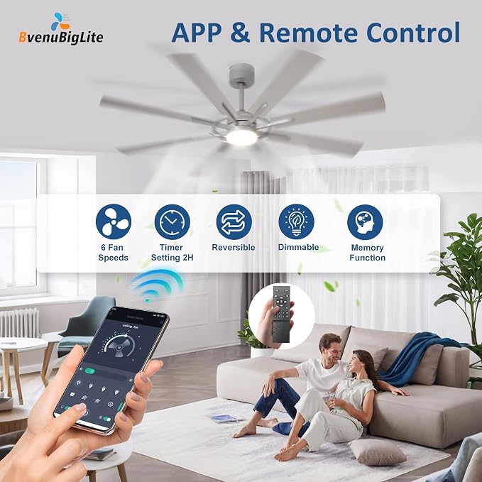 Large Ceiling Fans with Lights: Modern 66 Inch 8 Blade Outdoor Ceiling Fan with Remote APP Control - Dimmable Big Fan light Indoor Reversible 6 Speed Quiet DC Motor