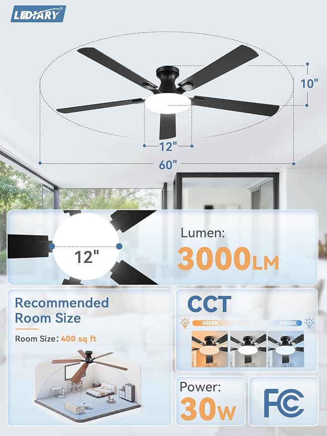 LEDIARY 60 Inch Flush Mount Ceiling Fans with Lights, Remote & APP Control | Bright Light, 3CCT, Memory Function, Timer, Reversible Blades, Quiet DC Motor, Damp-Rated, Living Room, Covered Patio, Adult