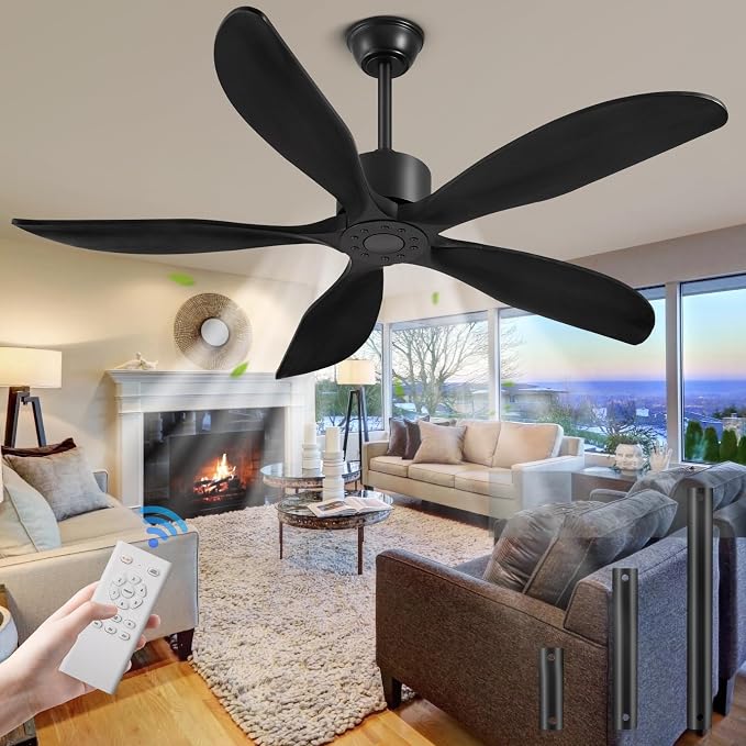 52" Ceiling Fan Without Lights 5 Blades Ceiling Fans with Remote Black | Ceiling Fan Without Lights for Patios Indoor, ETL Listed, Timer, 6 Speeds, 3 Color, Reversible Quiet DC Motor, Under 25dB