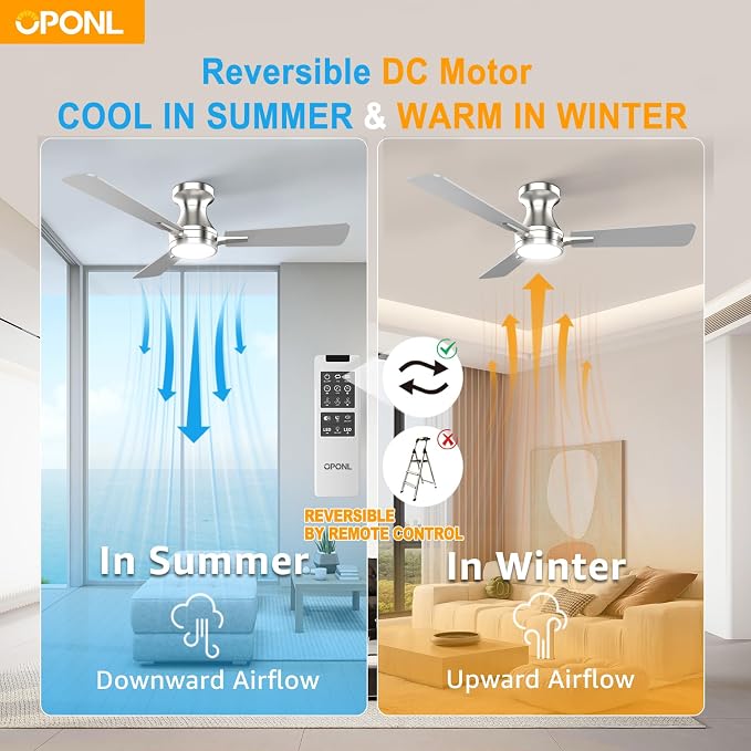 OPONL Ceiling Fan with Light, 42 inch Low Profile Ceiling fan with Light and Remote Control, Reversible, 6CCT, Dimmable, Noiseless, Nickel Ceiling Fan for Bedroom, Indoor/Outdoor Use, Modern