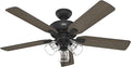 Hunter Rosner, Indoor, Ceiling Fan, Standard Mount, 52 inch, Matte Black | with LED Lights and Pull Chain, 5 Blades, For Bedroom, Living Room, Kitchen, 3 inch Downrod, 51595