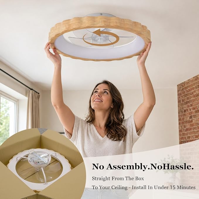 20 Inch Low Profile Ceiling Fan with Light, Flush Mount Small Fandelier with Remote Control, Modern Smart Dimmable Quiet LED Fan Light for Bedroom Living Room, Flower Patterned Natural Wood