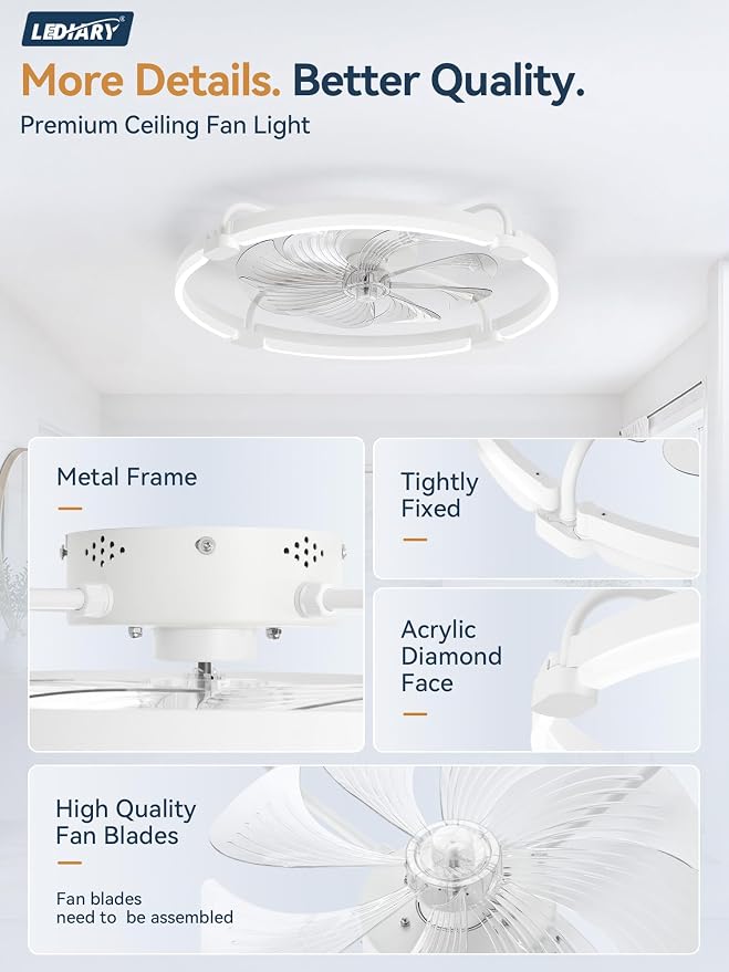 LEDIARY Ceiling Fans with Lights and Remote, Low Profile fan Light, White | 24 Inch 3000K-6000K Stepless Dimmable Fandelier, Reversible DC Motor, Remote and APP Control, Bedroom Kitchen Living Room