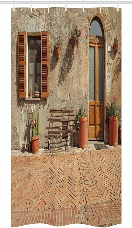 Ambesonne Tuscan Stall Shower Curtain, Doorway to Historic House Build Alley Cobblestone Street European Town Many Flowering Plants, Fabric Bathroom Decor Set with Hooks, 36" W x 72" L, Cinnamon Tan