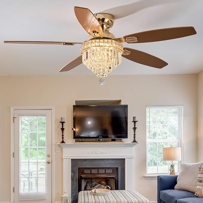 Crystal Ceiling Fan Fandelier with Lights-Ceiling Fans with Lights,54" Low Profile and Remote Control, Flush Mount, Reversible, Dimmable, Noiseless,Gold Ceiling Fan for Bedroom