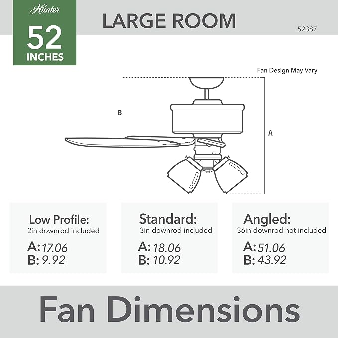 Hunter Builder Plus, Indoor, Ceiling Fan, Pull Chain, 52 inch, Matte Black | with LED Lights, Standard Mount, 5 Blades, For Bedroom, Living Room, 52387, Includes Bulbs
