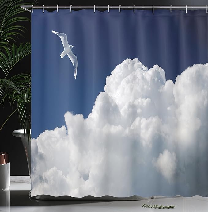 Ambesonne Seagulls Shower Curtain, Fluffy Cloudy Sky and Flying Bird Sunny Forecast Cloudscape Freedoom Inspired Scenic Image, Cloth Fabric Bathroom Decor Set with Hooks, 69" W x 70" L, Blue White
