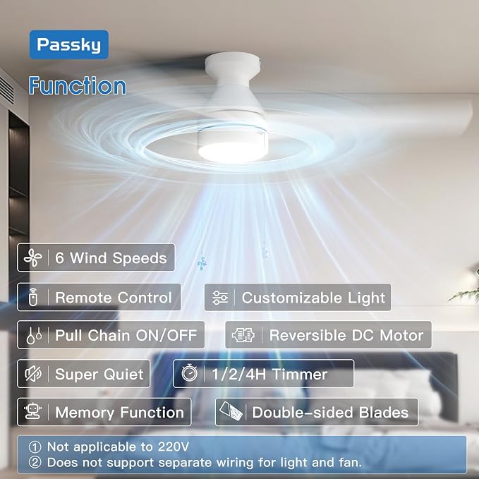 Passky Ceiling Fans with Lights, 52 inch Low Profile Ceiling Fan with Pull Chain and Remote Control, Flush Mount, Reversible, 5CCT, Dimmable, Noiseless, White Pull Cord Ceiling Fan for Bedroom