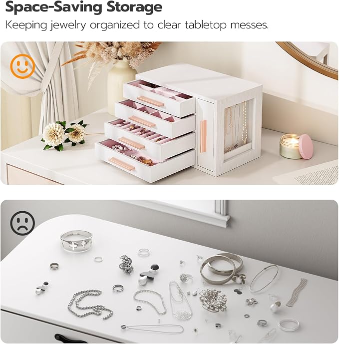 HOOBRO Jewelry Box for Women, Wooden Jewelry Organizer with Transparent Window, 4-Layer Jewelry Organizer Box, Jewelry Holder Organizer for Earrings, Necklaces, Rings, White and Gold WD09JB04