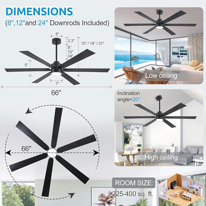 66 Inch Outdoor Ceiling Fans for Patios with Lights Damp Rated, Large Modern Black Ceiling Fans with 6 Blades, High CFM Quiet Reversible DC Motor, for Indoor Living Room Commercial Exterior Gazebo