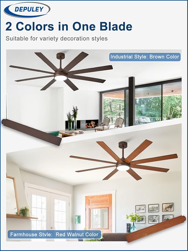 Depuley 66" Ceiling Fans with Lights: Large Indoor/Outdoor Ceiling Fan for Patios Living Room - 8 Blades Brown Dimmable Ceiling Fans with Remote APP Control Timer Reversible Quiet DC Motor 6 Speeds
