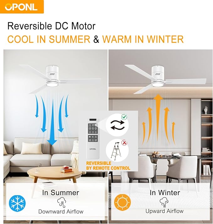 OPONL Ceiling Fan with Light, 52 inch Low Profile Ceiling fan with Light and Remote Control, Reversible, 6CCT, Dimmable, Noiseless, White Ceiling Fan for Bedroom, Indoor/Outdoor Use, Classic