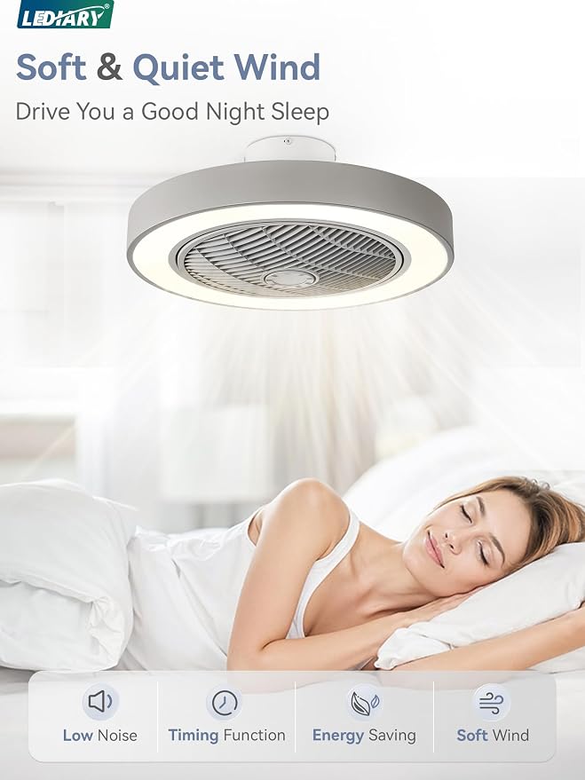 LEDIARY 22in Enclosed Ceiling Fan with Light and Remote, Grey Modern Bladeless Ceiling Fan with Bright Light, Led Flush Mount Ceiling Fans for Bedroom, Living Room, Kid Room(6 Speeds, 3000-6000K)