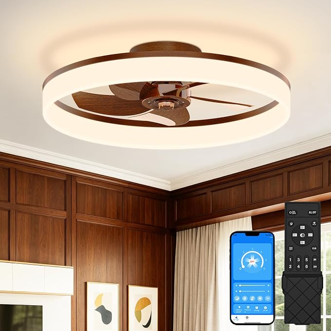 VOLISUN Low Profile Ceiling Fans with Lights and Remote, 20in Fandelier Ceiling Fan Flush Mount, 3000K-6500K Smart Bladeless LED Fan Light, Farmhouse Ceiling Fans with Lights for Bedroom(Wood)
