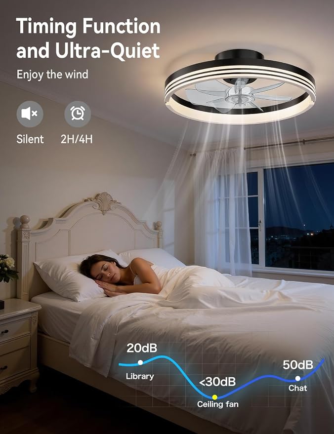 AKOFUN 18" Ceiling Fans with Lights and Remote, Low Profile Flush Mount Ceiling Fan with Light, 3000-6500K Dimmable LED Fan Light, Modern Bladeless Fandelier Ceiling Fans for Bedroom, Black Stripes