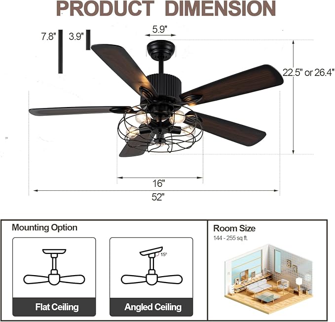52" Industrial Farmhouse Ceiling Fan with Lights and Remote, Black Vintage Caged Fandelier Ceiling Fan with 5 Reversible Wooden Blades for Dining Room Living Room Bedroom