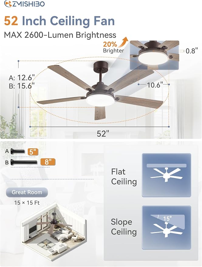 52 Inch Ceiling Fan with Remote, Indoor/Outdoor Brown Ceiling Fan with Large LED Panel, Quiet Reversible DC Motor, 6-Speed, 3000-6500K Stepless Dimming, Farmhouse Ceiling Fan for Bedroom, Living Room