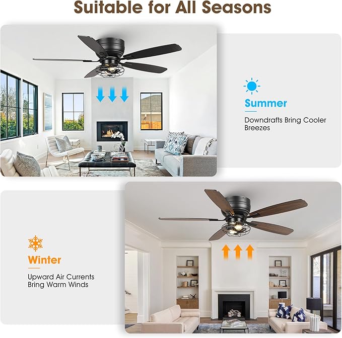 48" Flush Mount Farmhouse Ceiling Fans with Lights and Remote, 6-Speed Quiet Reversible Motor, Timing Function Low Profile Ceiling Fan for Bedroom Living Room Patio