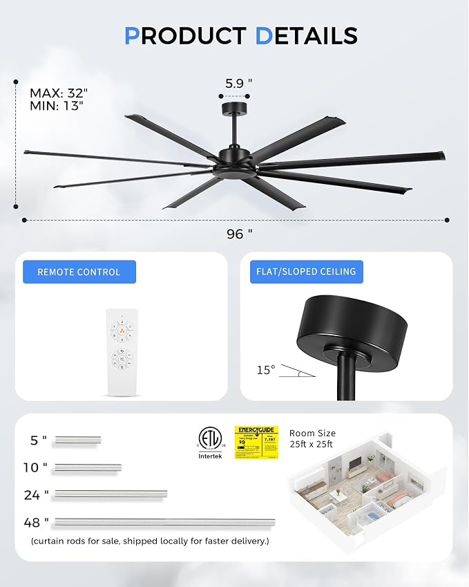 96 Inch Industrial Ceiling Fan Without Light, Matte Black Outdoor Model for Covered Areas, 8 Aluminum Blades, Powerful Airflow, Modern No-Light Design, CF04NBK-96