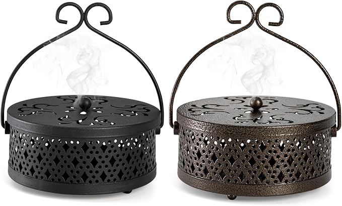 Kingrol 2 Pack Mosquito Coil Holders with Handles, Retro Portable Mosquito Incense Burners for Indoor Outdoor