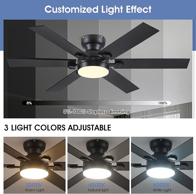 52"Modern 6-Blades Black Low Profile Flush Mount Ceiling Fans with Light | Supports Remote and APP,6 Wind Speeds, Reversible, Dimmable 3 Light Colors LED Light, Quiet DC Motor,6 Double-Sided Blades