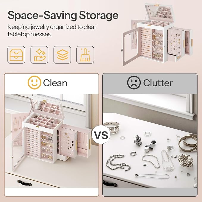 HOOBRO Jewelry Box with Mirror, Travel Jewelry Organizer with Glass Window, Jewelry Storage Case, Vertical Storage, Gift for Loved Ones, for Earrings, Rings, Necklaces, Bracelets, White WT03JB04G2