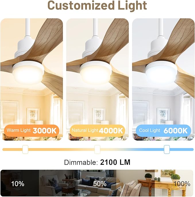 Sofucor 52 Inch Smart Ceiling Fan, Indoor/Outdoor Ceiling Fans with Lights and Remote, Work with Alexa/Google/APP, 6-Speed, Quiet DC Motor, 3 Blades Solid Wood Ceiling Fans for Bedroom Farmhouse Patio