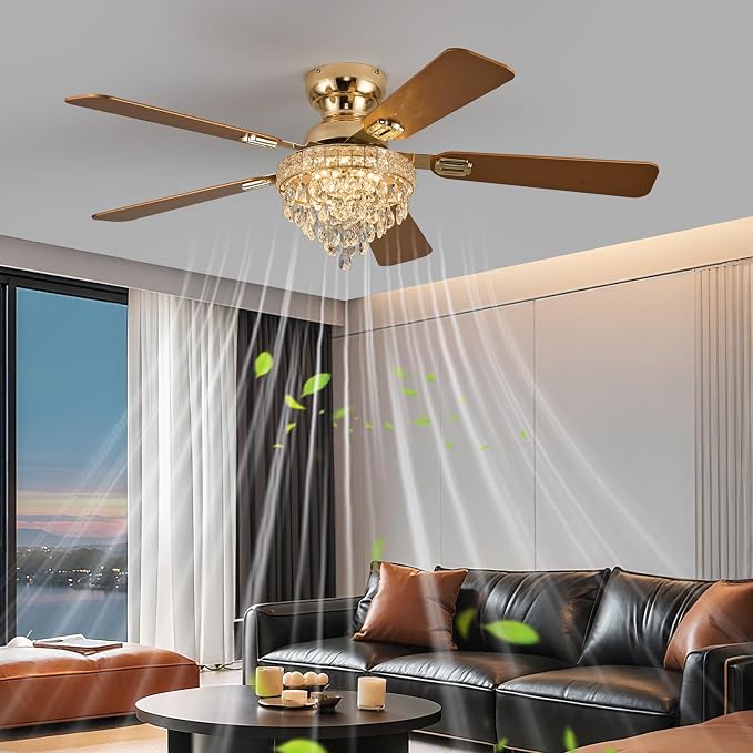 52“ Crystal Ceiling Fans with RGB Lights, Remote/App Control, Luxury Fandelier Ceiling Fan Flush Mount, Reversible DC Motor, Dimmable, Bedroom Chandelier Fan, (Gold)