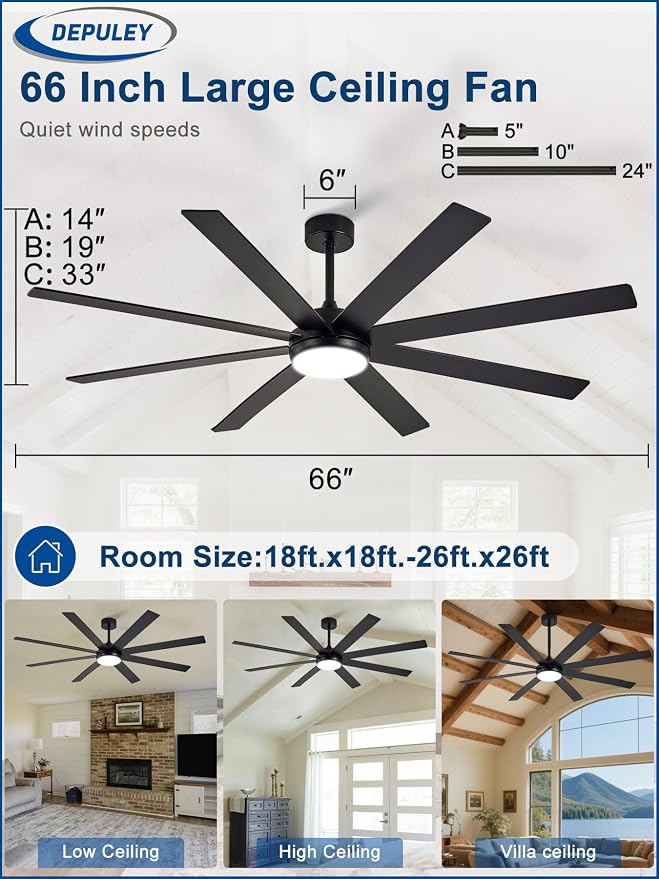 Depuley 66" Ceiling Fans with Lights: Black Indoor/Outdoor Ceiling Fan for Patios Living Room - 8 Blades Dimmable Large Ceiling Fans with Remote APP Control Timer Reversible Quiet DC Motor 6 Speeds