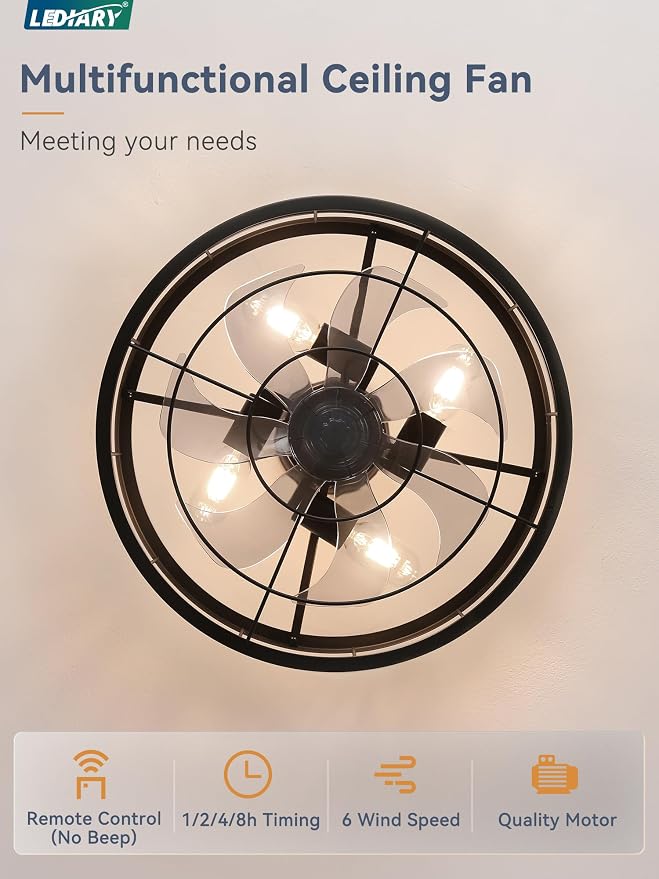 LEDIARY 18 inch Black Caged Ceiling Fan with Light, Bladeless Industrial Ceiling Fan with Remote, Farmhouse Fan Lights Ceiling Fixtures for Kitchen, Bedroom, Outdoor（6 Speed, Timing）-Black