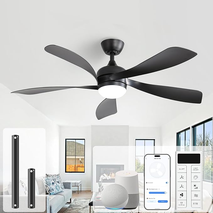 Sofucor 52" Smart Ceiling Fan, Indoor/Outdoor Black Ceiling Fans with Lights and Remote, Works with Alexa/Google/App, 3-Color Light 6-Speed Timing Reversible DC Motor for Bedroom Living Room Patio