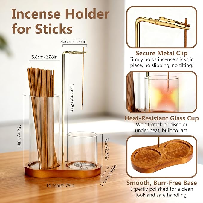3-in-1 Incense Holder for Sticks, Anti-Ash Incense Sticks Burner with Enlarged Ash Catcher and Storage Cup for Meditation, Yoga, Spa, Home Décor and Gifts (Cone Holder & Brush Included)