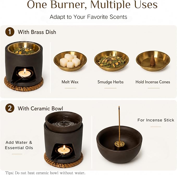 5 in 1 Incense Diffuser & Holder Set, Ceramic Aromatherapy Burner for Incense Sticks and Dried Herbs, Multi-Use Wax Warmer for Bedtime Calm, Yoga, Meditation, Home and Office