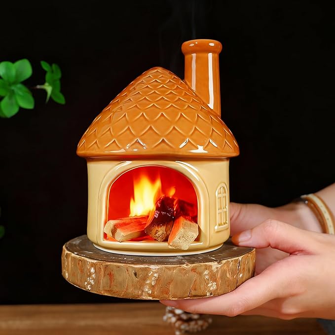 Mougigi Mini Ceramic Palo Santo Burner - Yellow House Chiminea Incense Holder with Stable Base, Ideal for Smudging Sage, Burning Incense Cones - Perfect for Meditation, Yoga, Altars, Home Decor