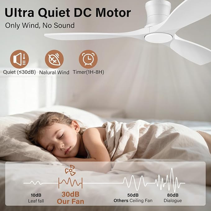 52" White Wood Flush Mount Ceiling Fans with Lights and Remote,Quiet DC Motor,Dimmable,Reversible,Ultra Low Profile Ceiling Fan for Master Bedroom Living Room Patio,Modern Indoor/Outdoor Use