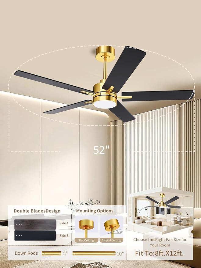 LANMEL 52'' Black and Gold Ceiling Fans with Lights and Remote, 6 Speed Low Profile Modern Ceiling Fan with Quiet DC Motor for Indoor Outdoor Bedroom Living Room
