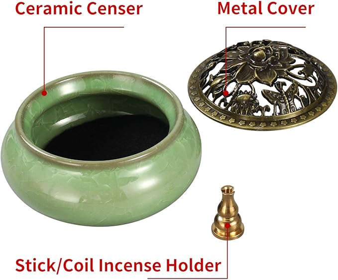 Miupoo Stick Incense Burner and Cone Incense Holder with Brass Incense Stick Holder Ceramic Ash Catcher (Light Green)
