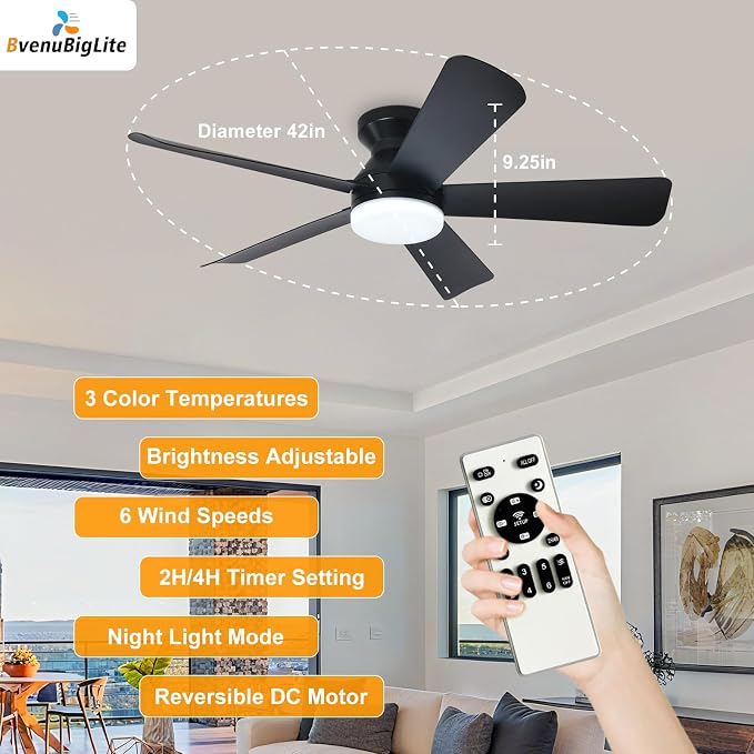 Ceiling Fans with Lights and Remote: 42 Inch Ceiling Fan with Light Low Profile - Flush Mount Ceiling Fan 5 Blades Reversible 3CCT Dimmable Noiseless for Bedroom (Black)