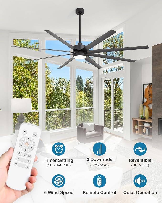 84 Inch Industrial Large Ceiling Fans with Lights and Remote, 8 ABS Blades, 6-Speed Reversible DC Motor, 3CCT LED, 3 Downrods, Big Commercial Ceiling Fan Fandeliers for Warehouse/Garage/Shop/Gym/Porch