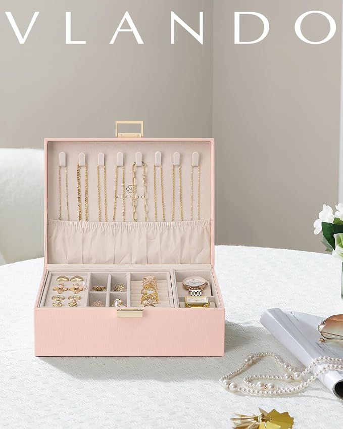 VLANDO 2 Layer Jewelry Box Large Jewelry Organizer for Women Removable Jewelery Tray with Watch Pillow for Necklace Earrings Rings Bracelets Jewelry Boxes for Holidays Gifts (Pink)