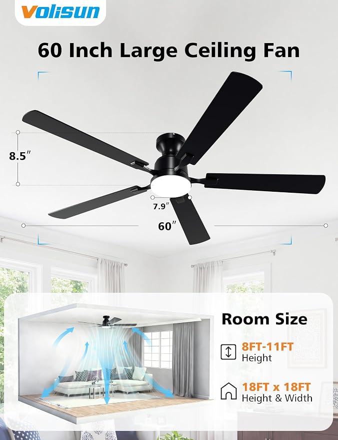 VOLISUN 60 Inch Ceiling Fan with Lights Flush Mount, Low Profile Ceiling Fans with Lights, Remote&APP Control,Dimmable 22W LED Light,Queit&Reversible Fan, Black Ceilings Fans for Bedroom, Living Room