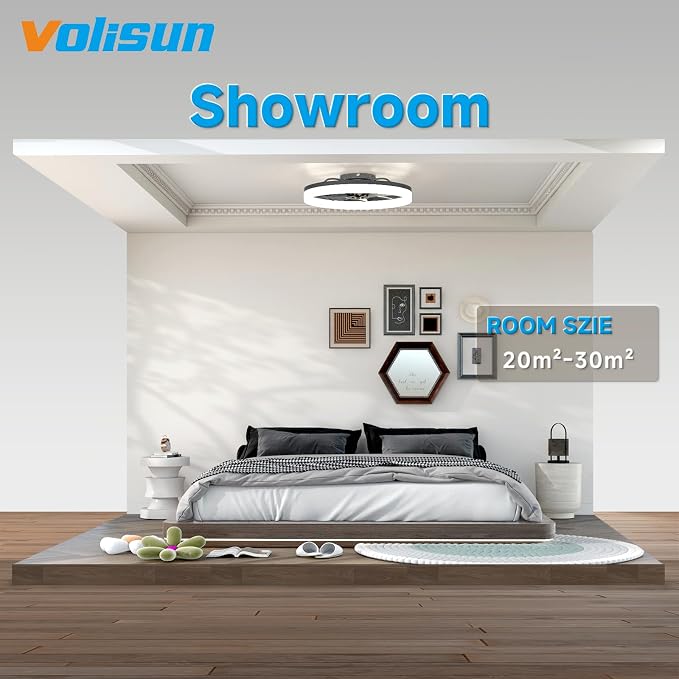 VOLISUN Low Profile Ceiling Fans with Lights and Remote, 24in Fandelier Ceiling Fan Flush Mount, 3000K-6500K Smart Bladeless LED Fan Light, Black Modern Ceiling Fans with Lights for Bedroom
