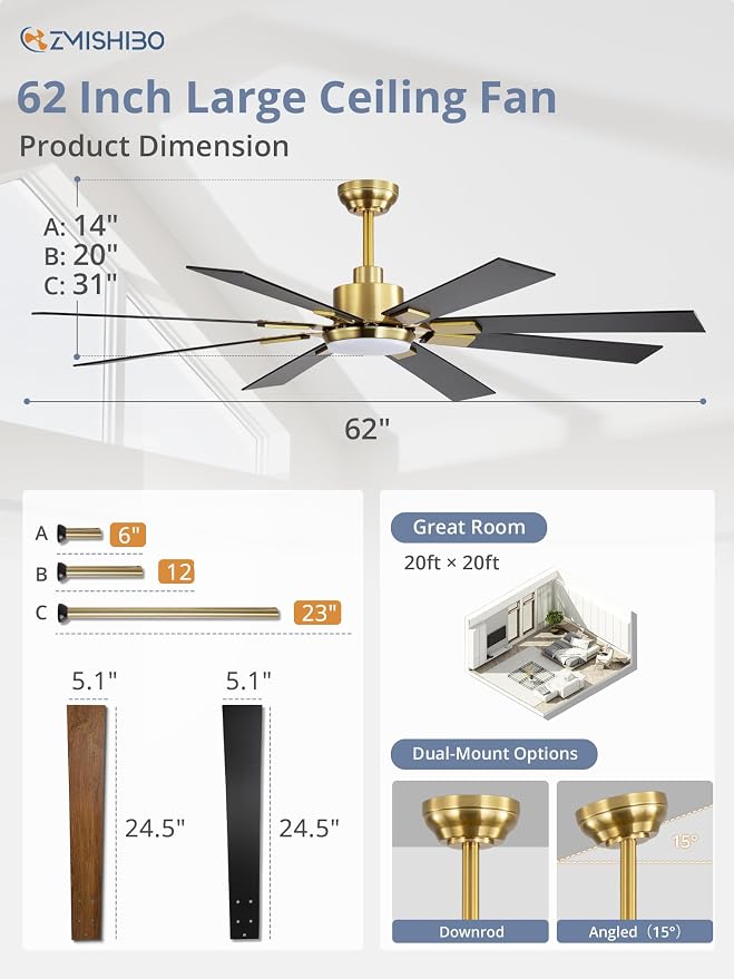ZMISHIBO 62 Inch Black and Gold Ceiling Fans with Lights and Remote, Indoor/Outdoor Ceiling Fan for Patio Living Room, 6 Speed Reversible Quiet DC Motor, 3 CCT, Dual Finish Blades