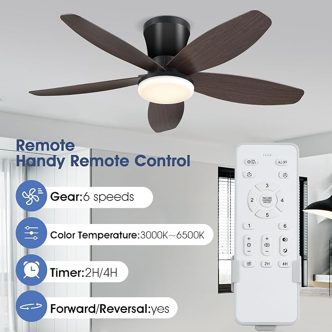 Surtime Ceiling Fans with Lights-36 Low Profile Ceiling Fan with Light and Remote/APP Control,Flush Mount,DC Reversible,LED Dimmable Modern Ceiling Fans for Bedroom,Indoor/Outdoor Patio Use(Brown)
