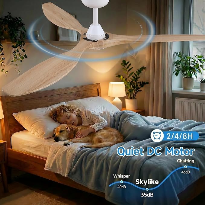 Skylike 52" Wood Outdoor Ceiling Fan with Lights, Propeller Farmhouse Ceiling Fan and Remote Control, 3 Blade Light Wood Ceiling Fan for Patio,Porch, Gazebo, Bedroom