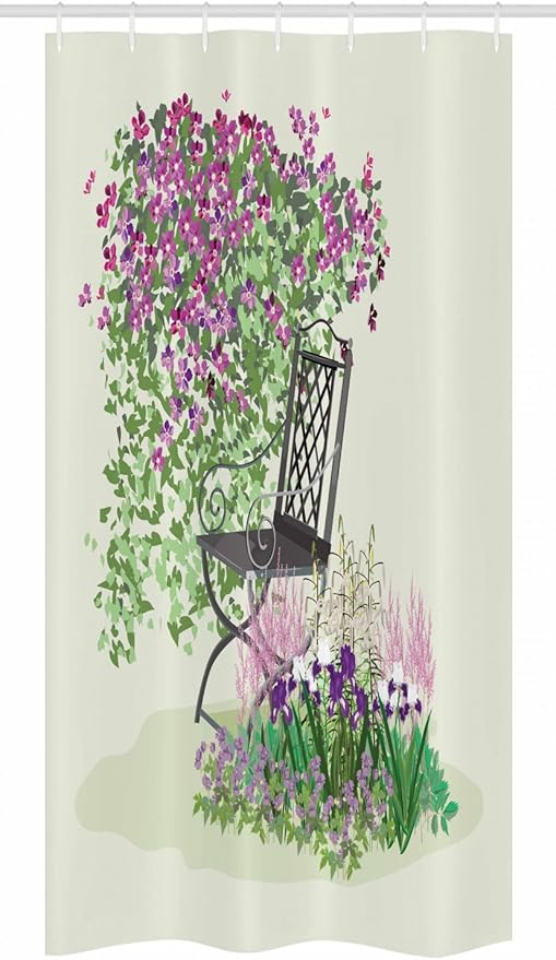 Ambesonne Garden Stall Shower Curtain, Island for Relaxing in The Garden Among The Flowers Blooming Summer Day Art, Fabric Bathroom Decor Set with Hooks, 36" W x 72" L, Purple Green