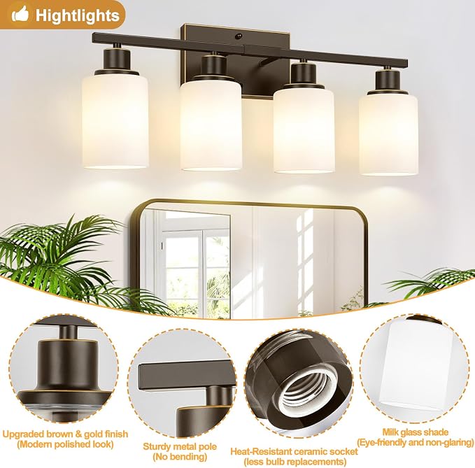 Indoi 4-Light Bathroom Light Fixtures, Oil-Rubbed Bronze Modern Vanity Lights with Milky White Shades, Bathroom Wall Lamp for Mirror Living Room Cabinet Bedroom Porch
