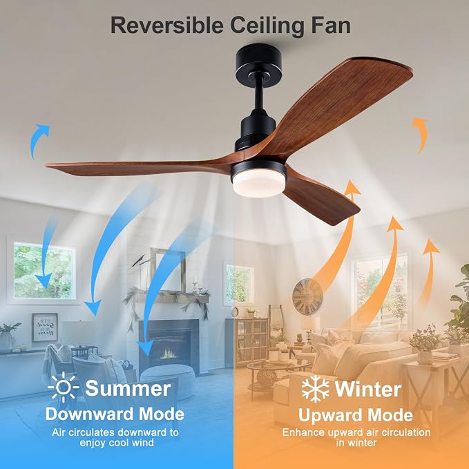 52 Inch Outdoor Ceiling Fans with Lights and Remote Control, Dimmable Outdoor Ceiling Fans for Patios 3 Blade Wood Black Walnut Bedroom Ceiling Fan with Light, Wall Switch