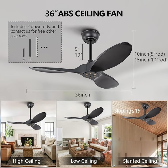 KBZZ 36 Inch Black Ceiling Fan without Light,6 Speeds,Reversible Silent DC motor,3 ABS Blades,Modern Ceiling Fan No Light,Ceiling Fan with Remote for Indoor Outdoor Farmhouse Bedroom Patio Kids Room